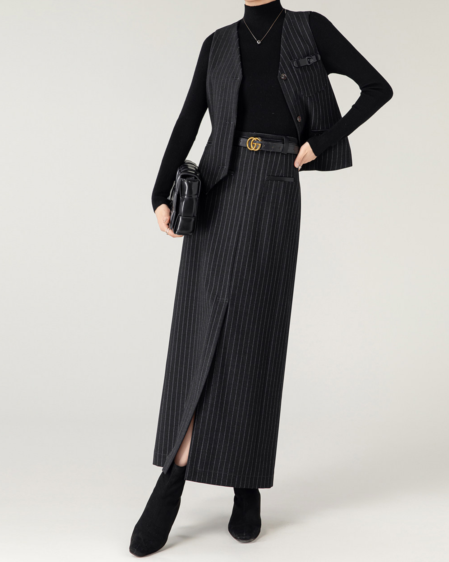 Pinstripe Front-Slit Skirt - BT051