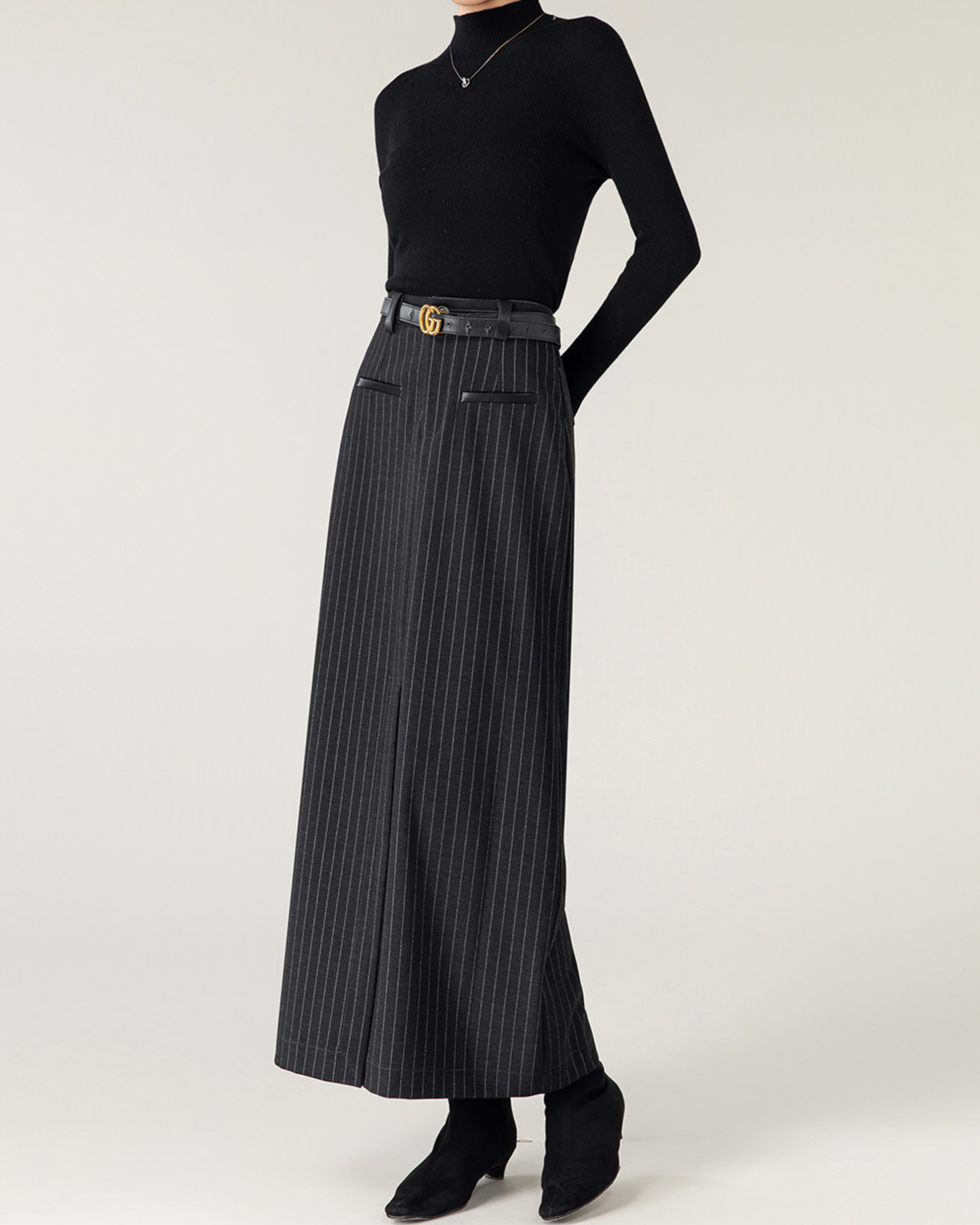Pinstripe Front-Slit Skirt - BT051