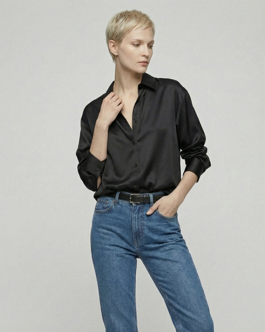 Midnight Black Satin Shirt - SH109