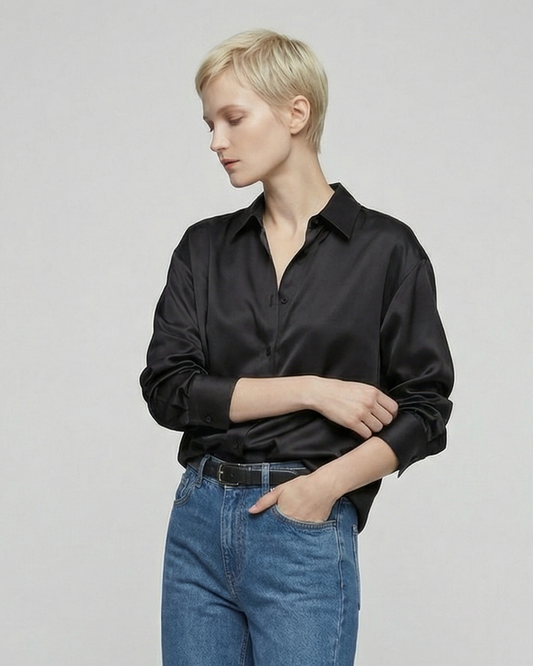 Midnight Black Satin Shirt - SH109