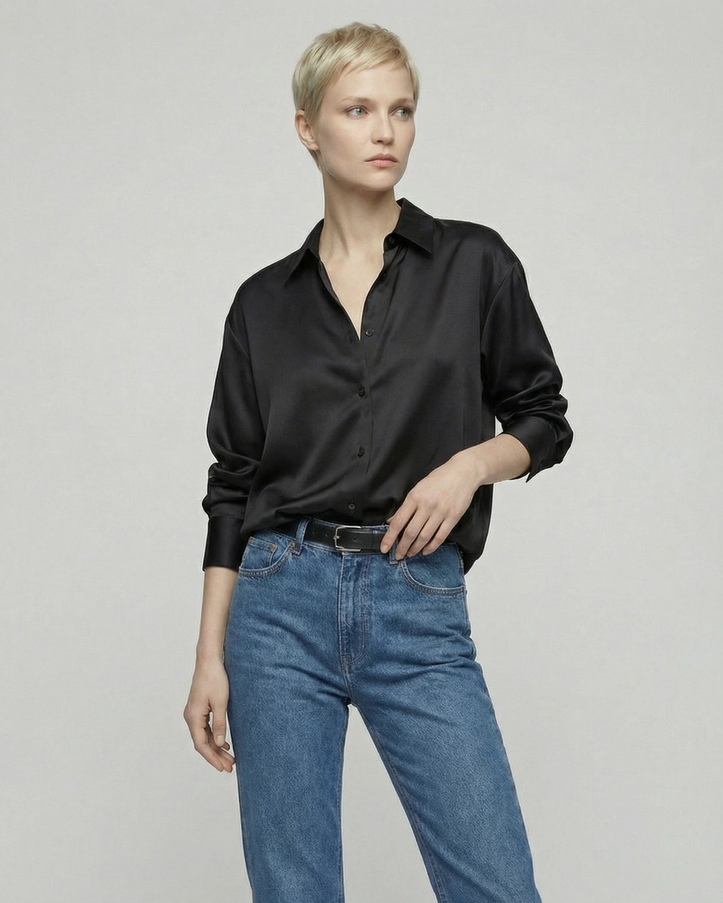Midnight Black Satin Shirt - SH109